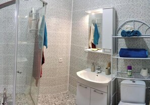 Hair dryer, towels, toilet paper