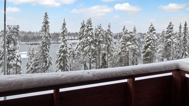 A snowy landscape with a view of snow-covered trees and a river.