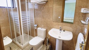 A bathroom with a glass-enclosed shower, a toilet, a sink, and a mirror. - Hospedería Puerta de la Catedral (Ciudad Rodrigo)