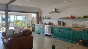 Un vaste espace de vie comprenant un canapé en cuir marron, une cuisine aux teintes turquoise avec des meubles en bois, et une grande fenêtre donnant sur l’extérieur.