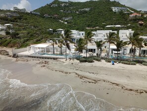 On the beach, sun loungers