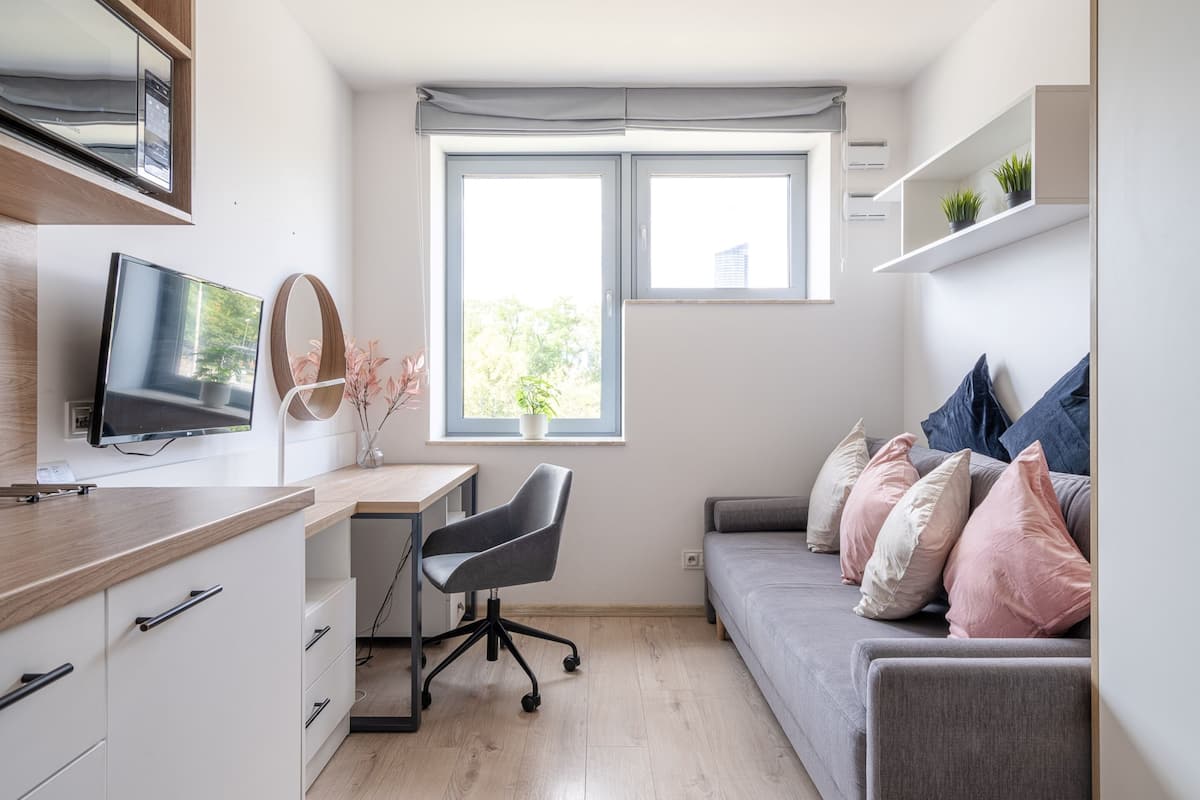 A modern room with a desk, chair, and a grey sofa with multiple cushions. There is a TV mounted on the wall, a window with a view, and a shelf with plants.