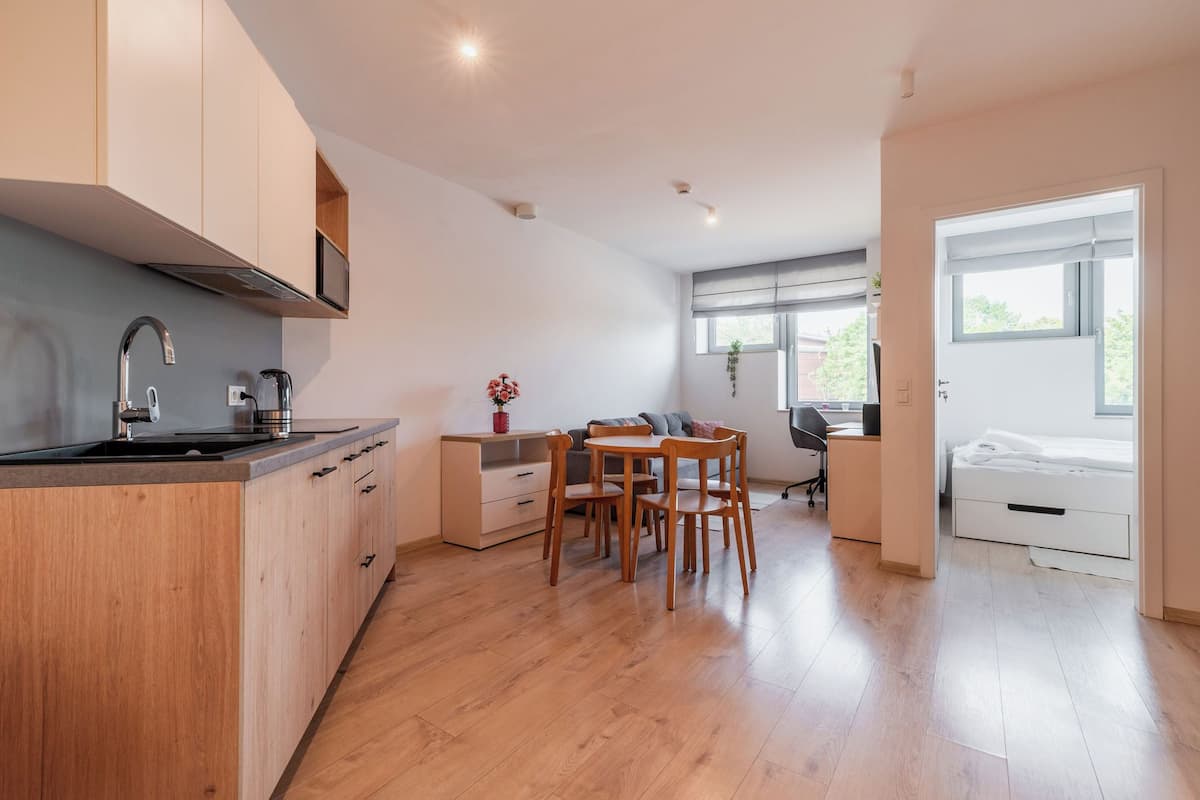 Appartement | Privékitchenette | Een koelkast, een magnetron, een kookplaat