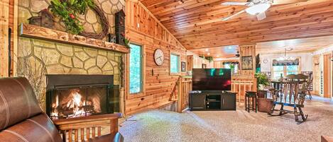 Smart TV, fireplace, video games, DVD player