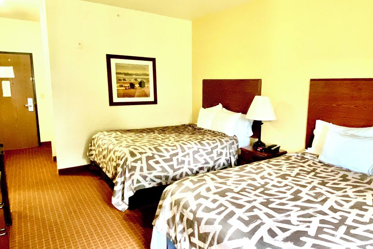 A hotel room with two beds, a nightstand with a lamp, and a framed picture on the wall.