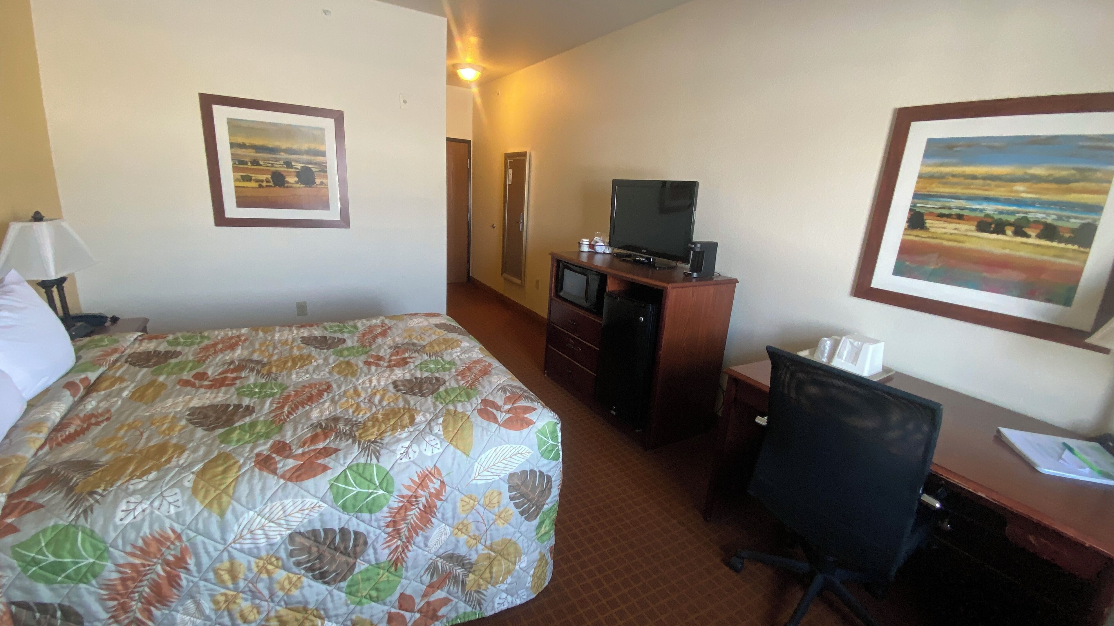 A hotel room with a large bed, a desk with a computer, a TV, and two framed pictures on the walls.