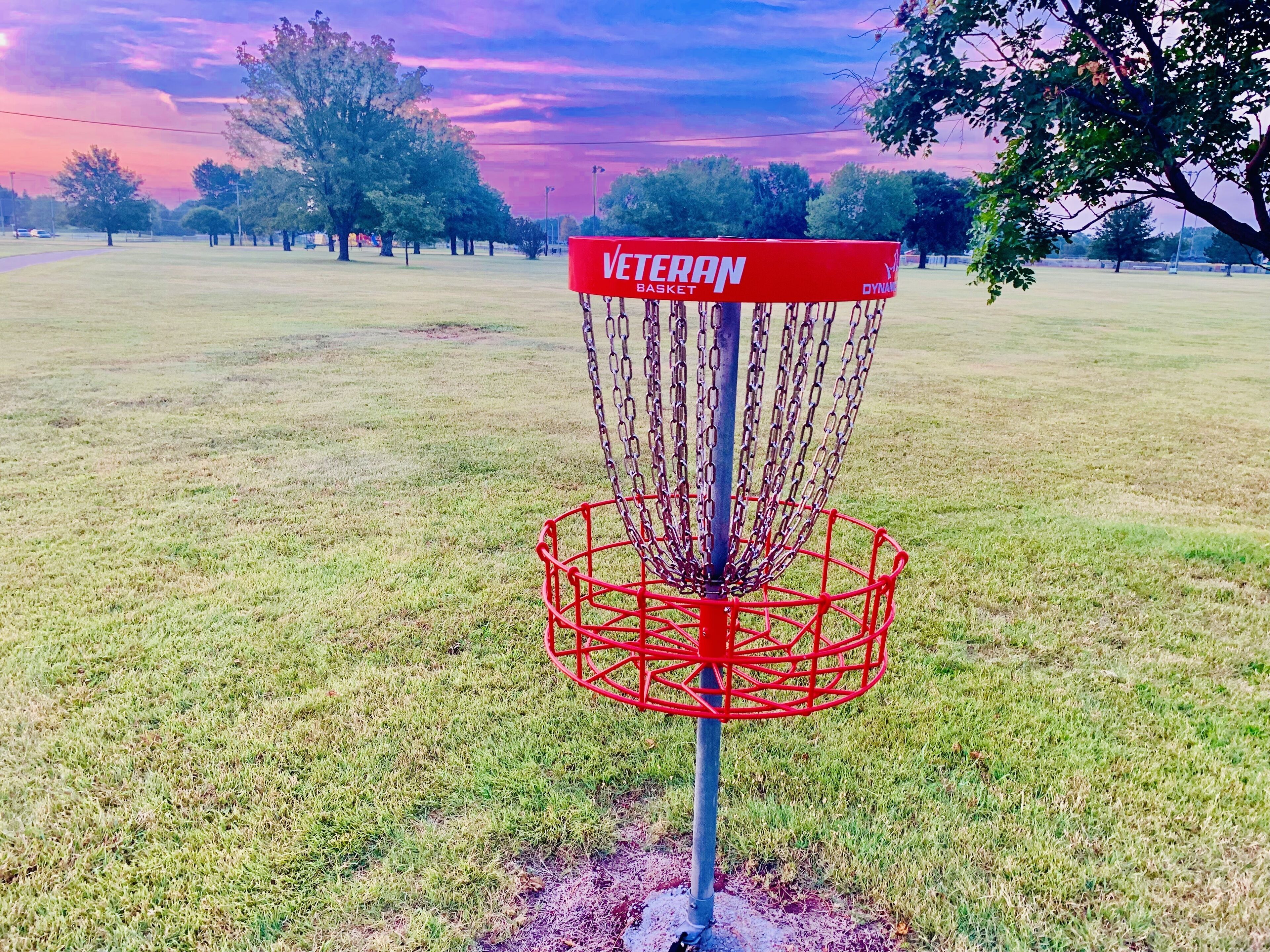 Una canasta de disc golf con un cartel que dice 'Veteran Basket'.