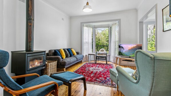 Smart TV, fireplace, DVD player, books