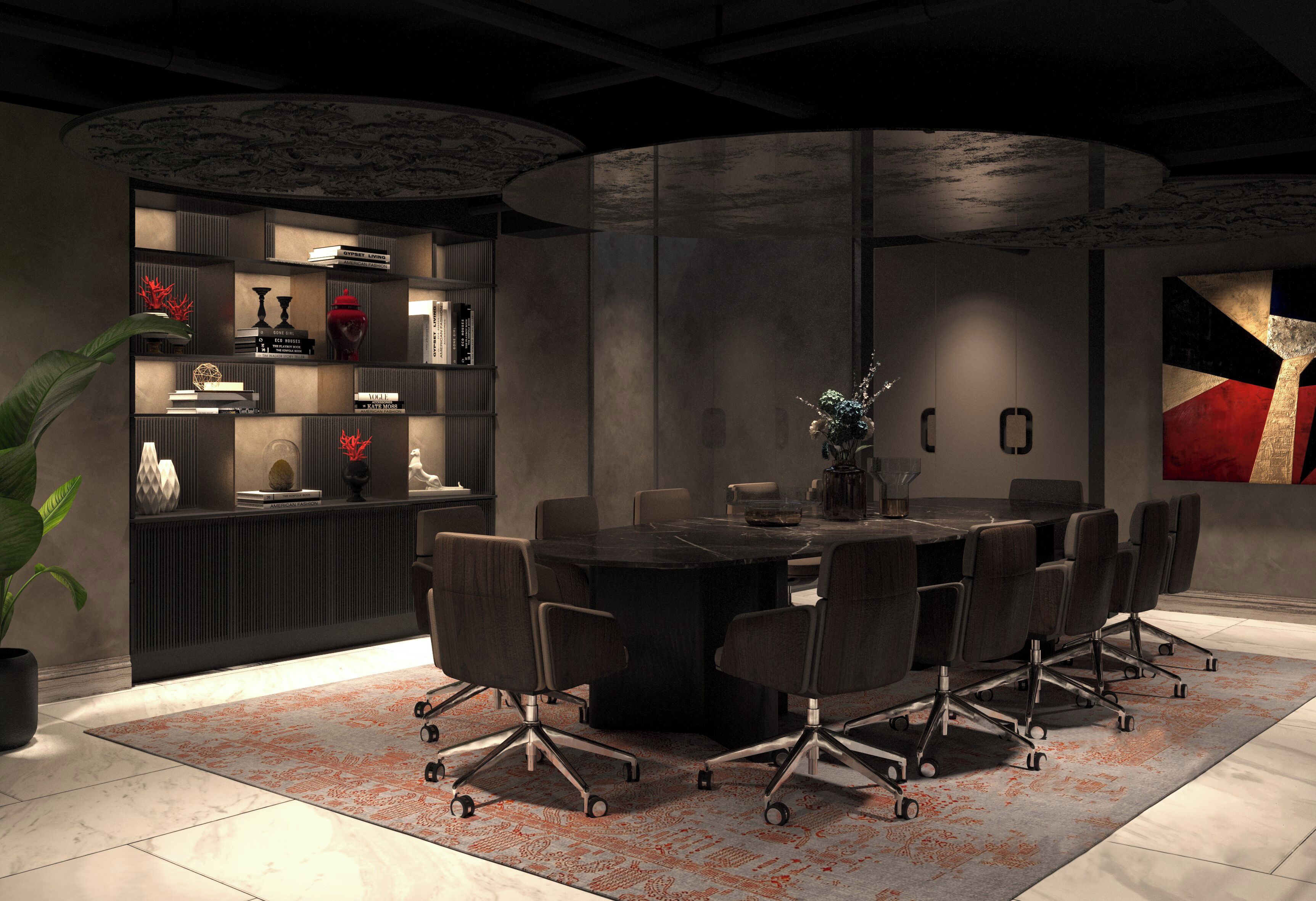 A conference room with a dark wooden table, six chairs, and a bookshelf with decorative items.