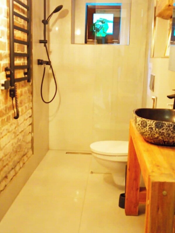 Shower, hair dryer, towels, soap