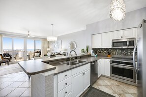 Fridge, microwave, oven, stovetop - Beach-view penthouse condo with stunning water views, on-site pool & hot tub (Destin)