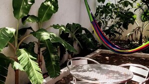 Um pátio com uma mesa redonda e cadeiras, rodeado por plantas verdes exuberantes e uma rede colorida.