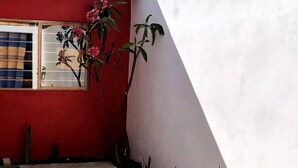 Paredes externas vermelhas e brancas com uma janela, um chão de concreto e uma planta com flores rosa.