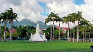 A statue in a park with palm trees and mountains in the background. - Studio Lumineux Dans Quartier Calme, Avec Terrasse, 5 mn à Pied du Centre Ville (Basse-Terre)