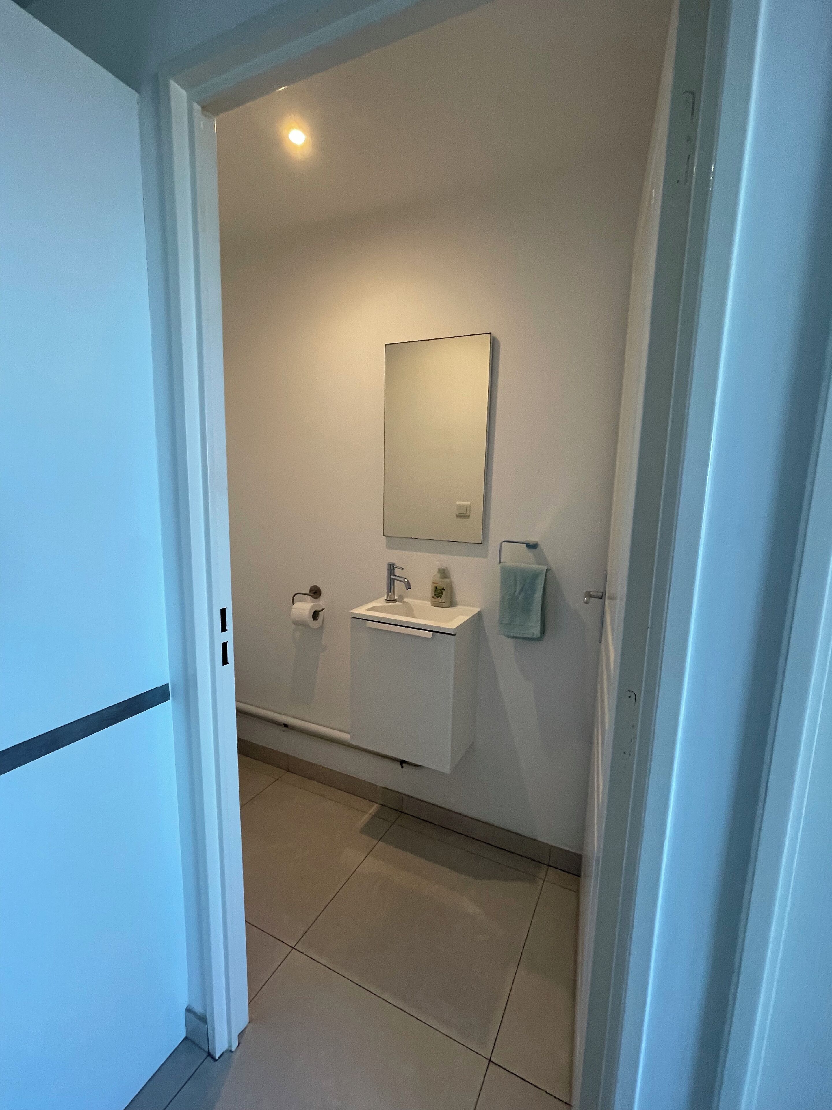 A bathroom with a white sink, a mirror, a towel hanging on the wall, and a toilet paper roll.