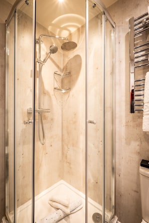 Eine Duschkabine mit Handdusche und fest installierter Kopfbrause.