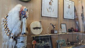 A room with a glass display case containing various Native American artifacts, including a feathered headdress and framed drawings. - Monterey Apartments #5 (Winnipeg)