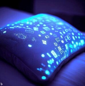 Interactive fabric with digital interface and various icons.