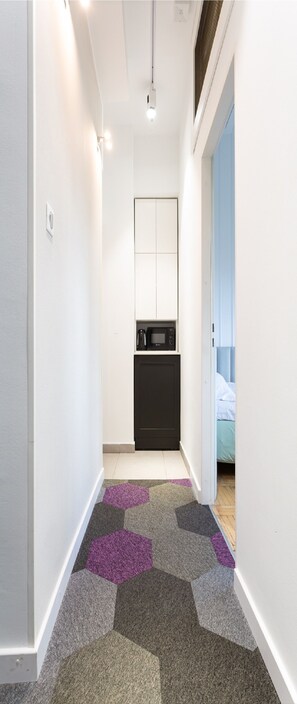 Mini-fridge, microwave, coffee/tea maker, electric kettle