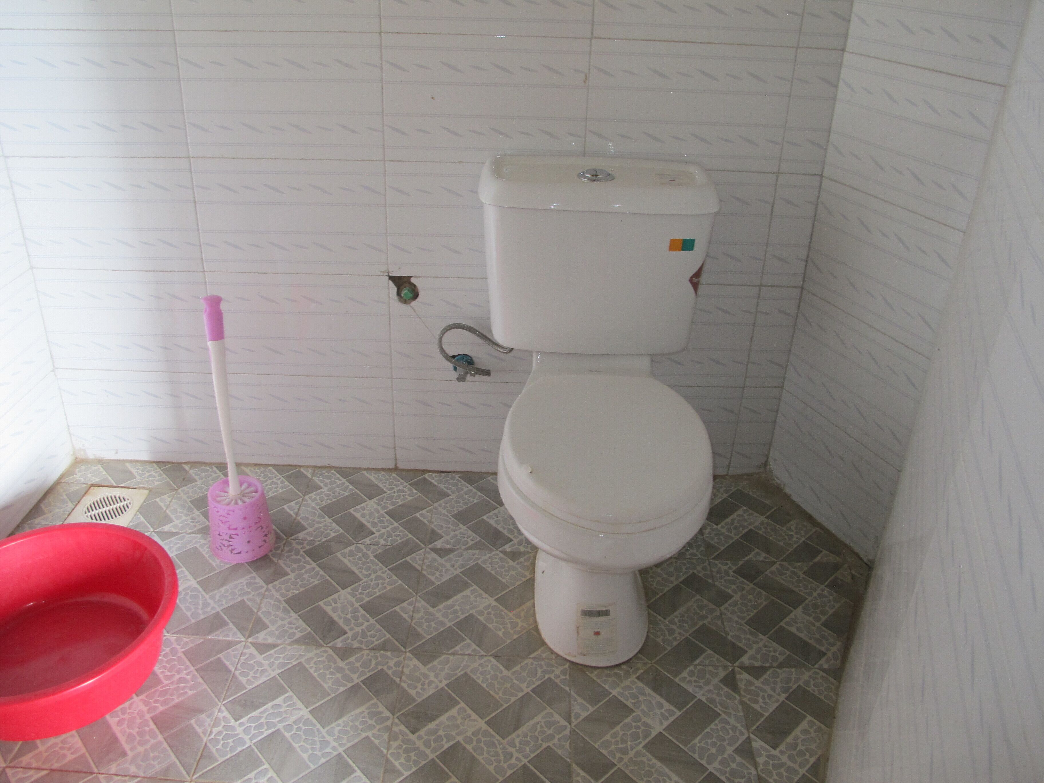 A bathroom with a toilet, a pink cleaning brush, and a red basin on patterned floor tiles.