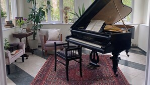 A grand piano in a sunlit room with large windows, a patterned rug, and a chandelier. - Calm escape in historical athmosphere - Villa Giulietta Budapest,  free parking  (Budapest)