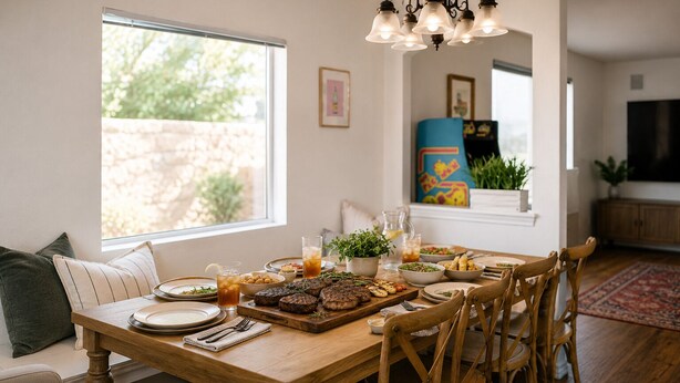 A dining area with a wooden table, chairs, and a variety of dishes. - Family Retreat w/Pool - Golf - Pickleball Sleeps 9 (El Paso)