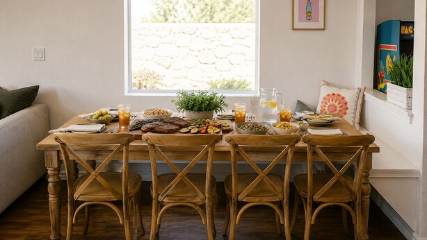 Une table à manger en bois, avec des chaises, une fenêtre donnant sur un mur en pierre et une plante posée sur la table.