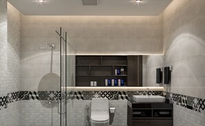 A modern bathroom with a glass shower enclosure, a toilet, a sink, and a shelf with toiletries.