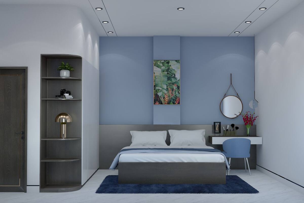 A modern bedroom with a bed, a desk, a chair, a bookshelf, and a door.