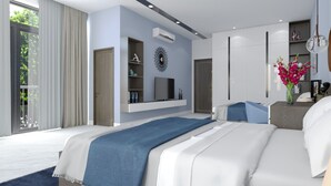 A modern bedroom with a large bed, built-in TV, and a decorative wall piece. - Oscar Villa (Da Nang)