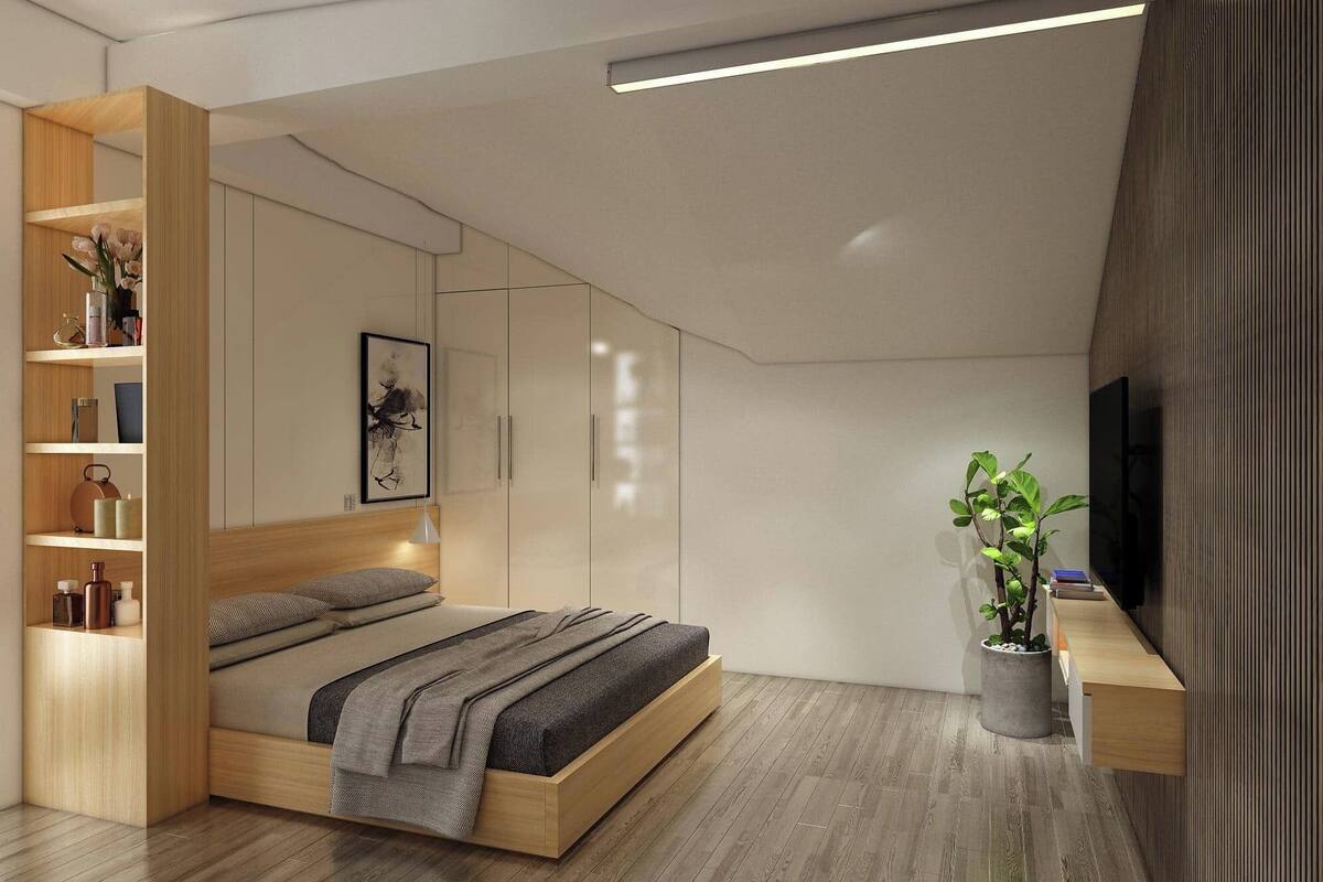 A modern bedroom with a wooden bed, built-in shelving, a flat-screen TV, and a potted plant.