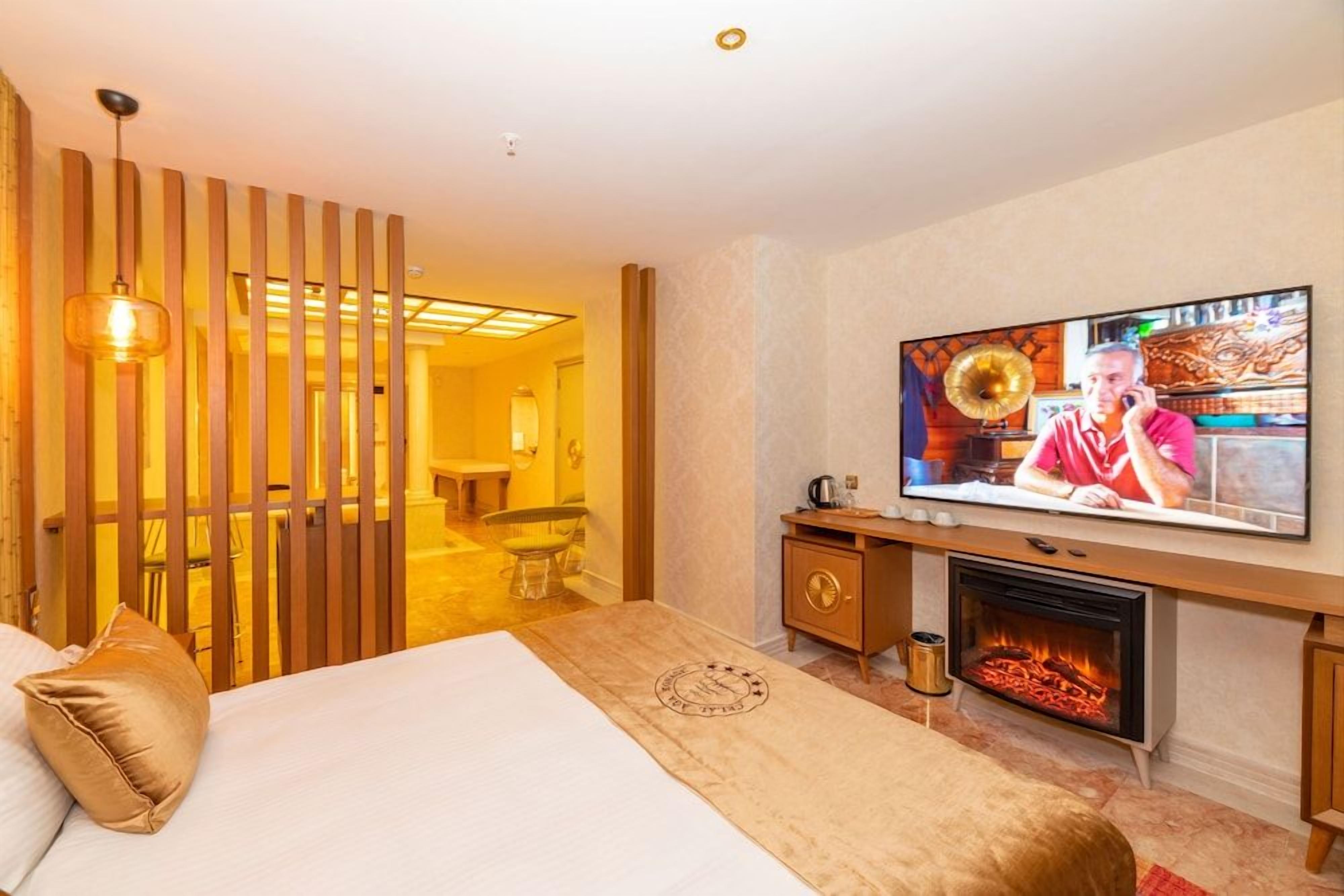A hotel room with a bed, a television, a fireplace, and a wooden partition.