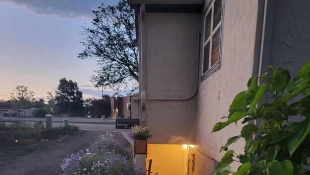 Une maison avec une allée en gravier, un petit porche avec une chaise et un jardin où poussent différentes plantes et fleurs.
