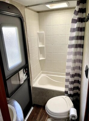 Hair dryer, towels, toilet paper