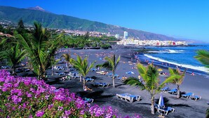 Una spiaggia con sabbia nera, palme e un panorama urbano sullo sfondo.