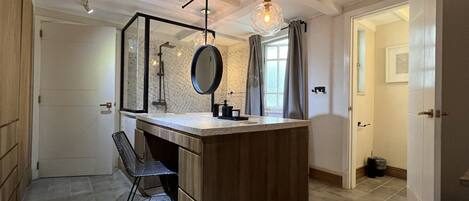 Shower, hair dryer, towels