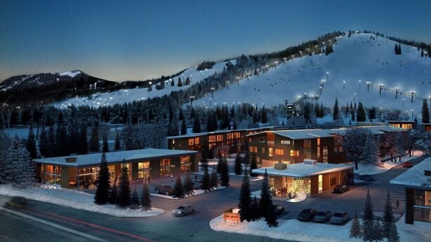 A modern hotel with multiple buildings, a parking area, and a snowy mountain backdrop. - Downtown Snoqualmie Home - Hot Tub, Fully Fenced Yard - Pet Friendly! (Snoqualmie)