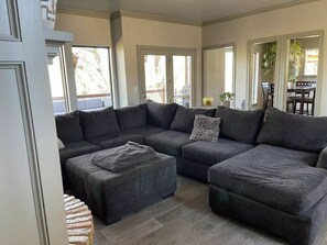 Smart TV, fireplace, books, music library