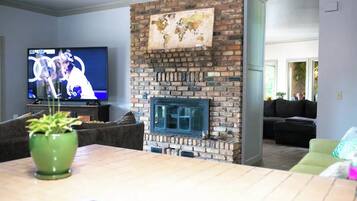 TV connectée, cheminée, livres, médiathèque