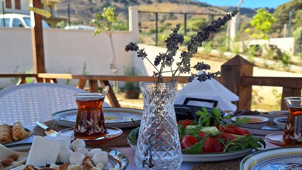 A table set with various dishes, including cheese, nuts, and olives, with a clear view of the surrounding landscape.