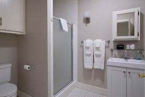 Hair dryer, towels, soap, toilet paper