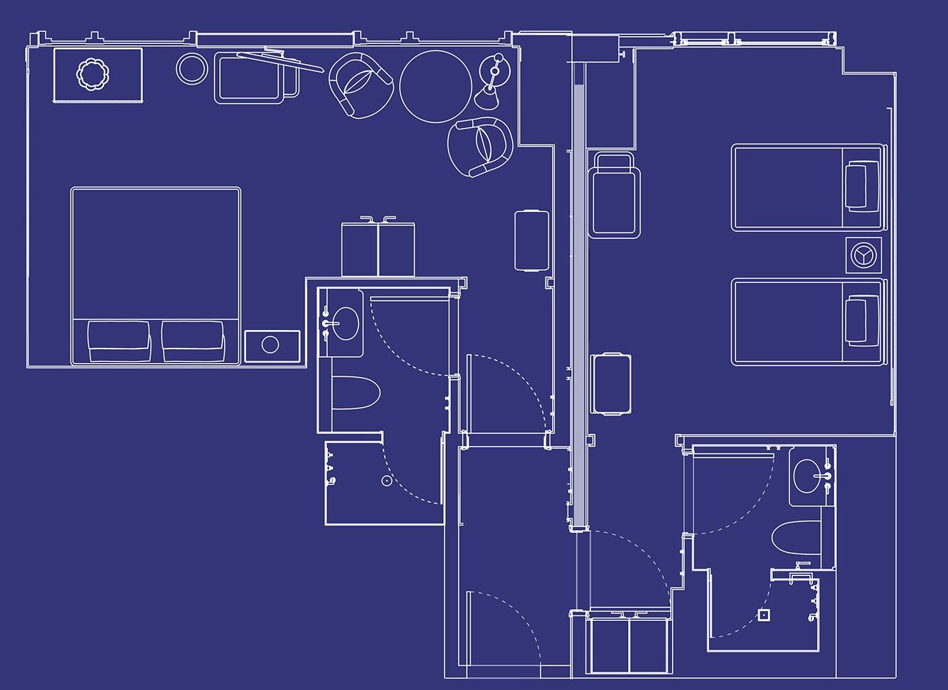 A blueprint of a hotel layout with multiple rooms, a central corridor, and various amenities like a gym and a pool.