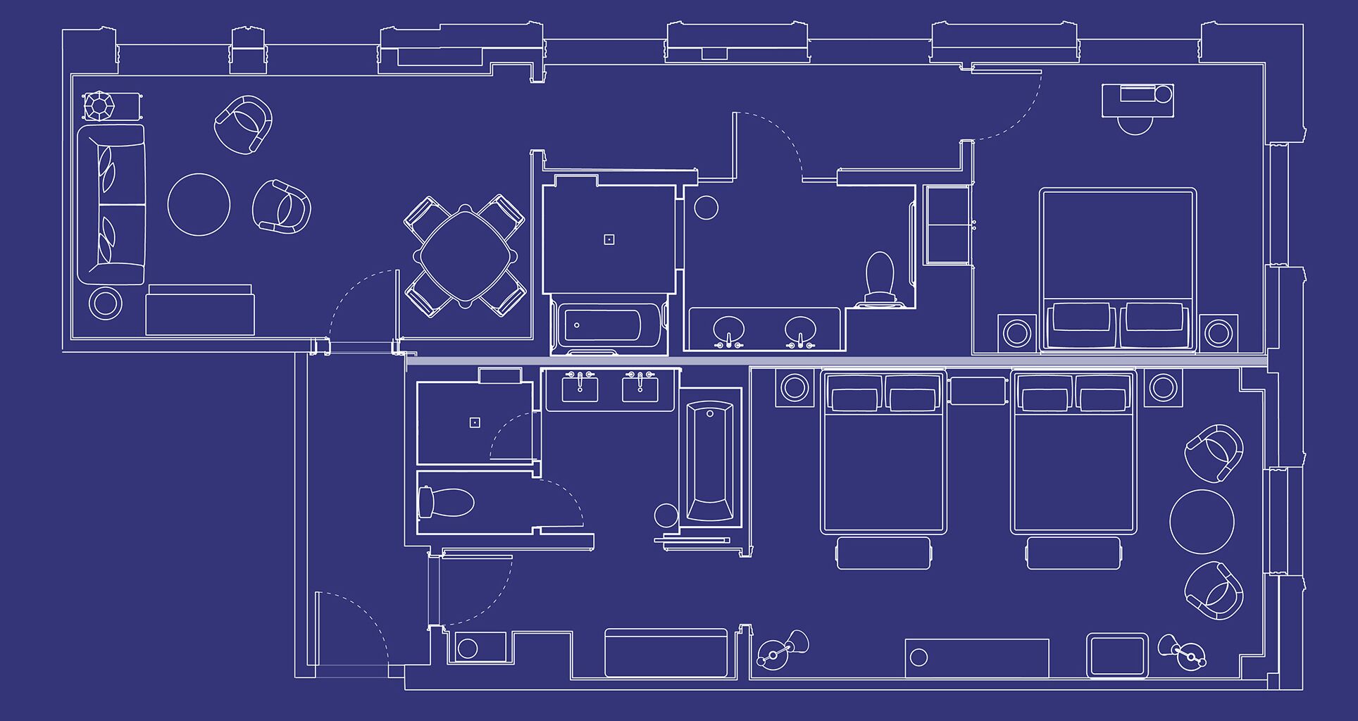 Plano de planta de un hotel con varias habitaciones, un comedor y una cocina.