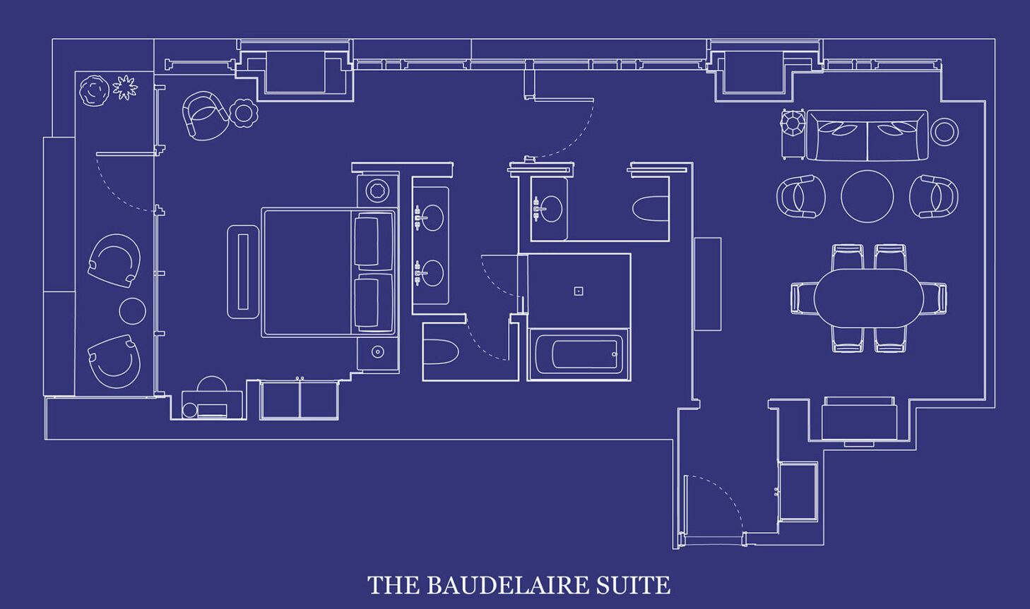 A floor plan of The Baudelair Suite, including a kitchen, dining area, and a bathroom.