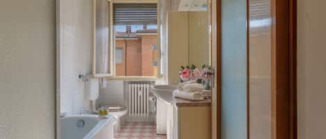 Combined shower/bathtub, hair dryer, bidet, towels