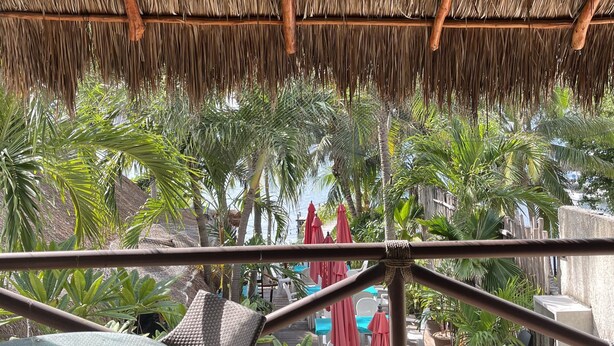 Estructura con techo de paja que ofrece vistas a un área de piscina y mobiliario exterior.
