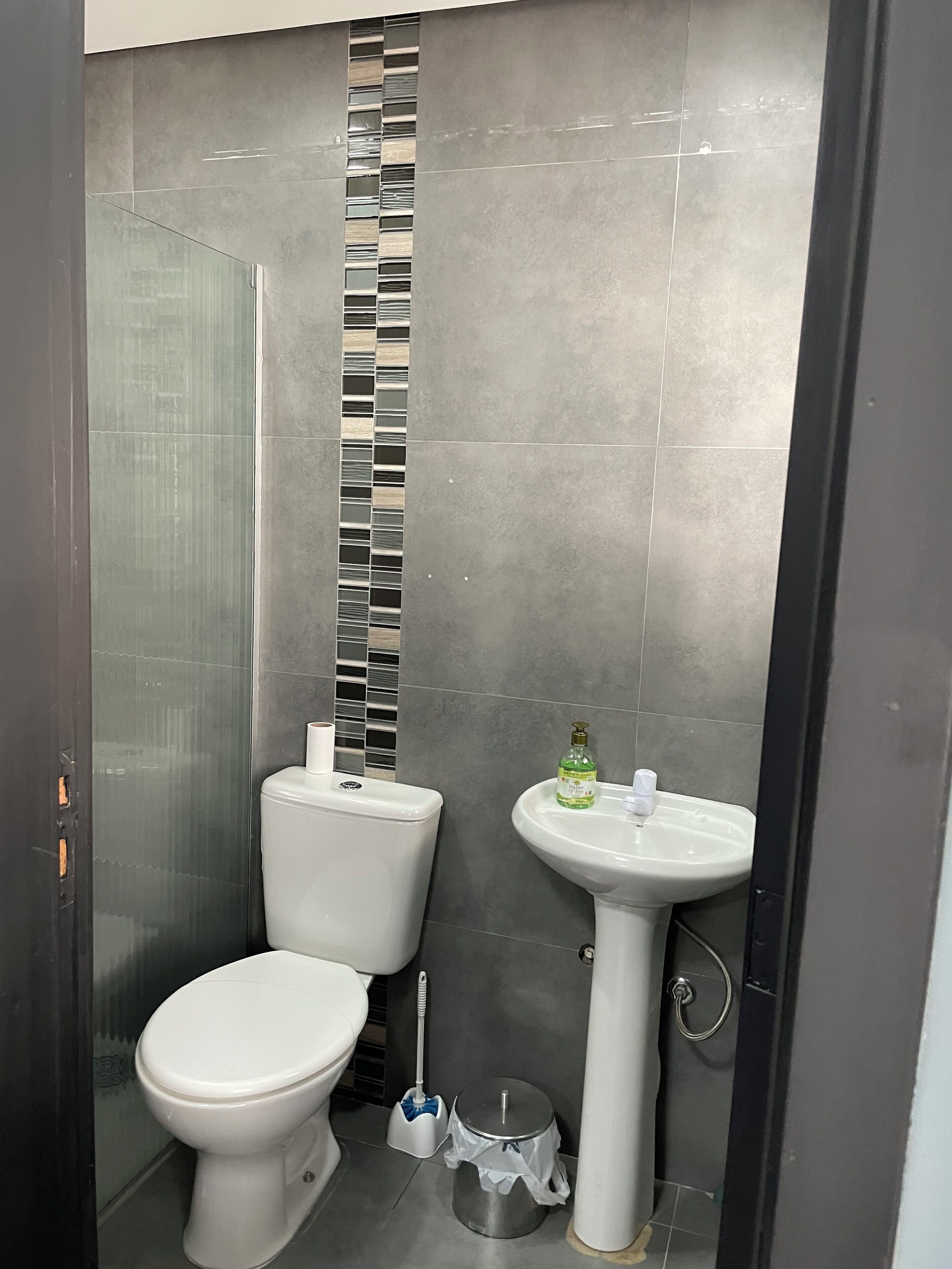A modern bathroom with a toilet, sink, and a glass shower enclosure.