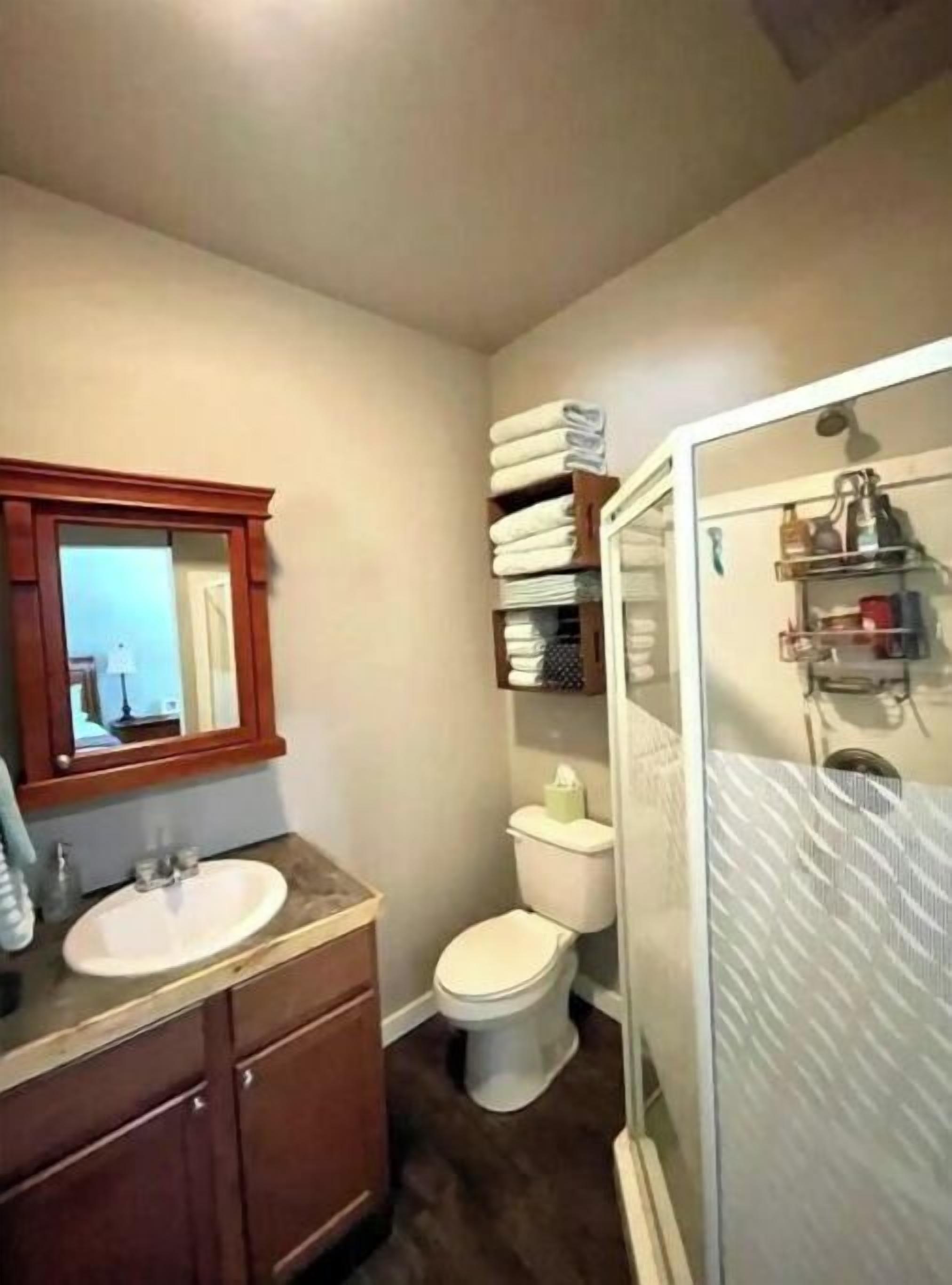 A bathroom with a sink, mirror, toilet, and a glass shower enclosure.