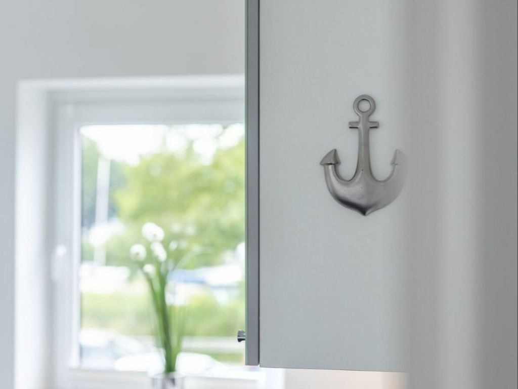 A white door with a metal anchor decoration.