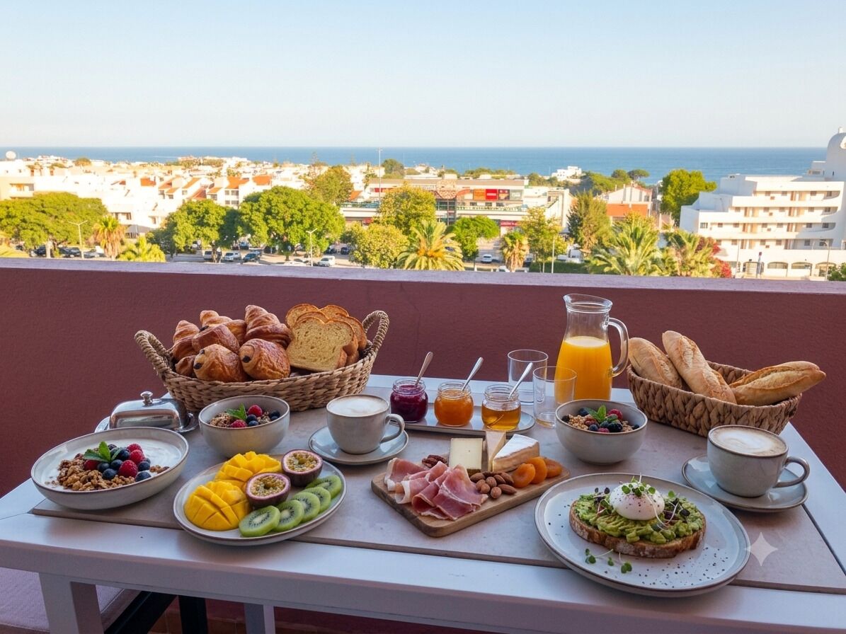Een ontbijttafel met diverse soorten eten en uitzicht op de stad en zee.